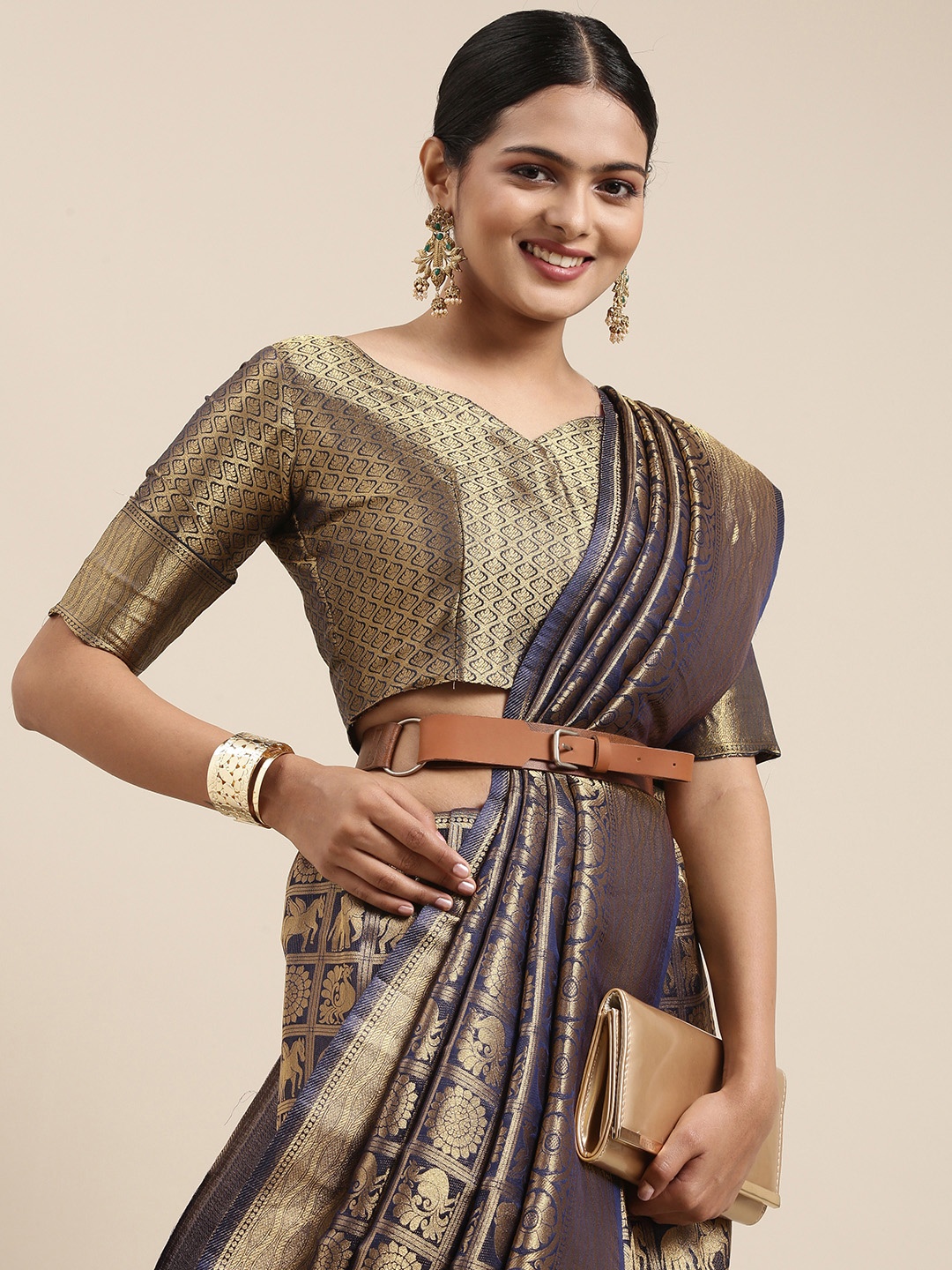

Saree mall Navy Blue Ethnic Motifs Zari Silk Blend Banarasi Sarees