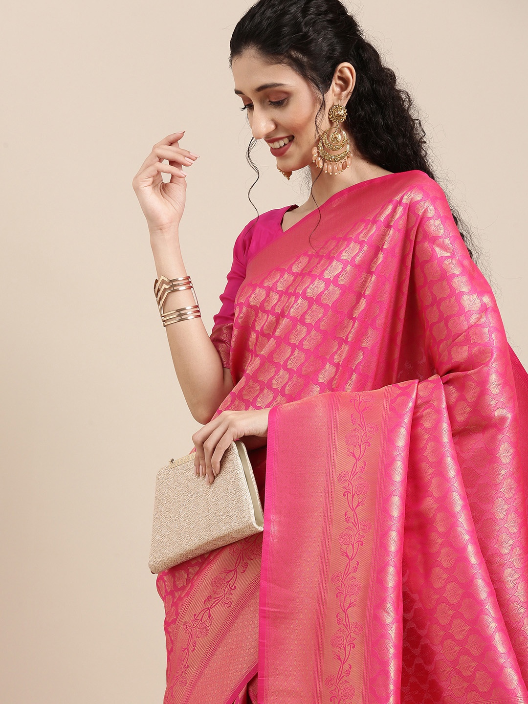 

Saree mall Pink Ethnic Motifs Zari Silk Blend Banarasi Sarees