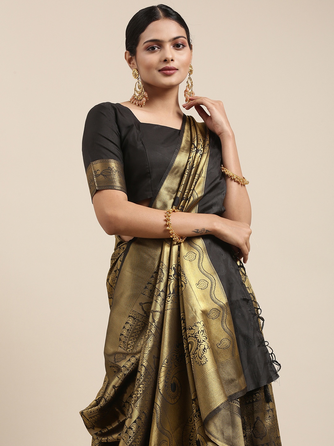 

Saree mall Black & Gold-Toned Ethnic Motifs Zari Silk Blend Banarasi Sarees