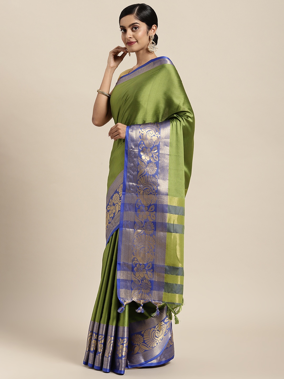 

Rajesh Silk Mills Green & Blue Zari Silk Cotton Saree