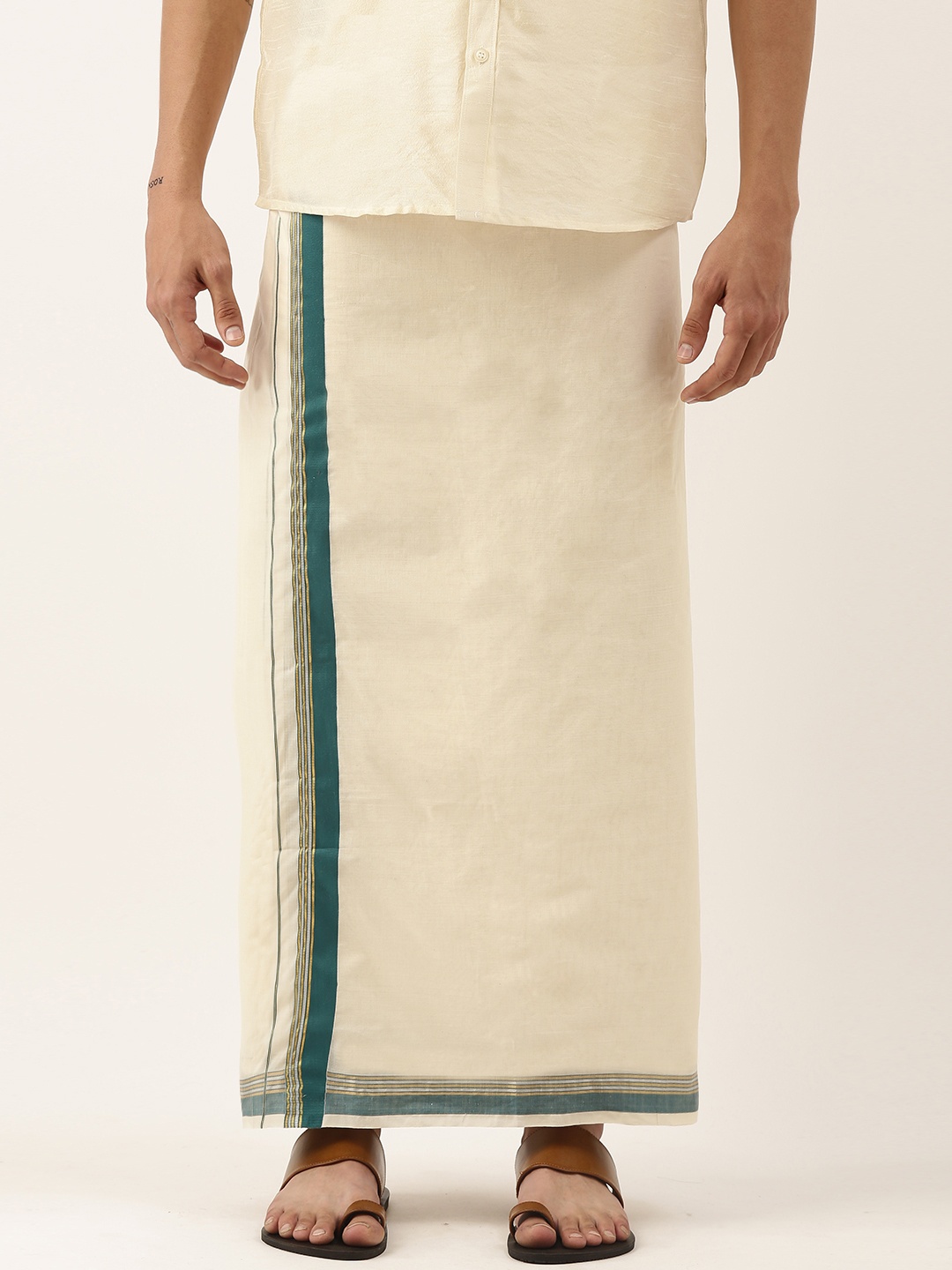 

Thangamagan Off-White & Green Solid Cotton Fancy Border Dhoti With Stripe Detail