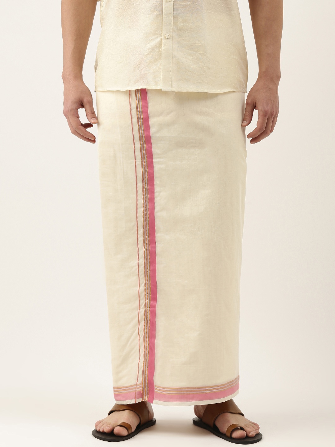 

Thangamagan Men Off-White & Pink Solid Pure Cotton Dhoti With Fancy Border