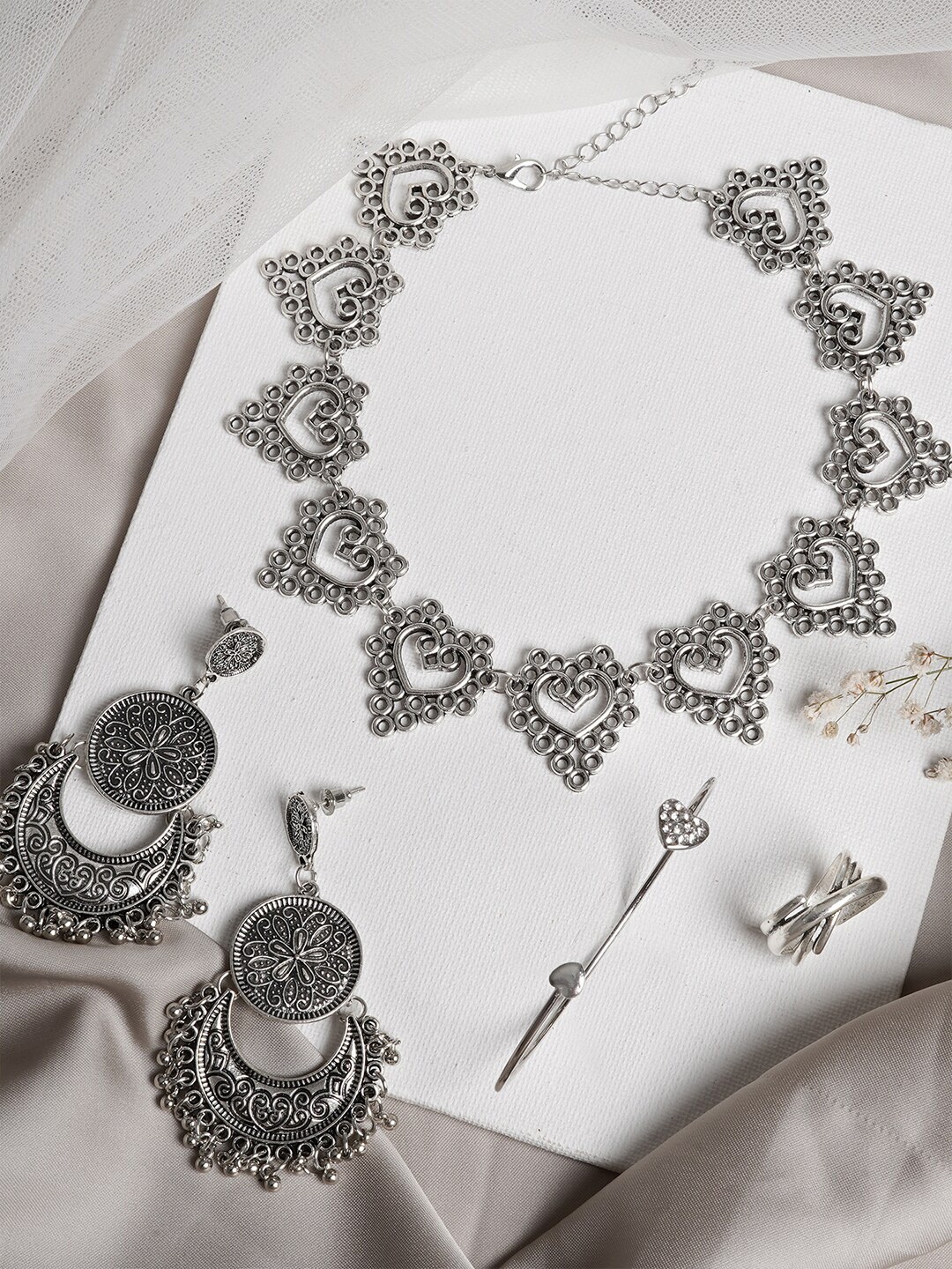 

JOKER & WITCH Silver-Toned & White Stone-Studded Trendsetter Jewellery Set