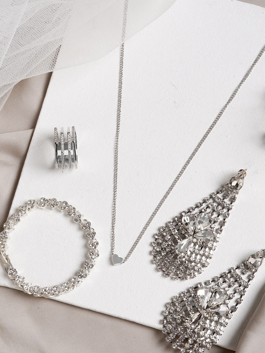 

JOKER & WITCH Silver-Toned & White Stone-Studded Jewellery Set