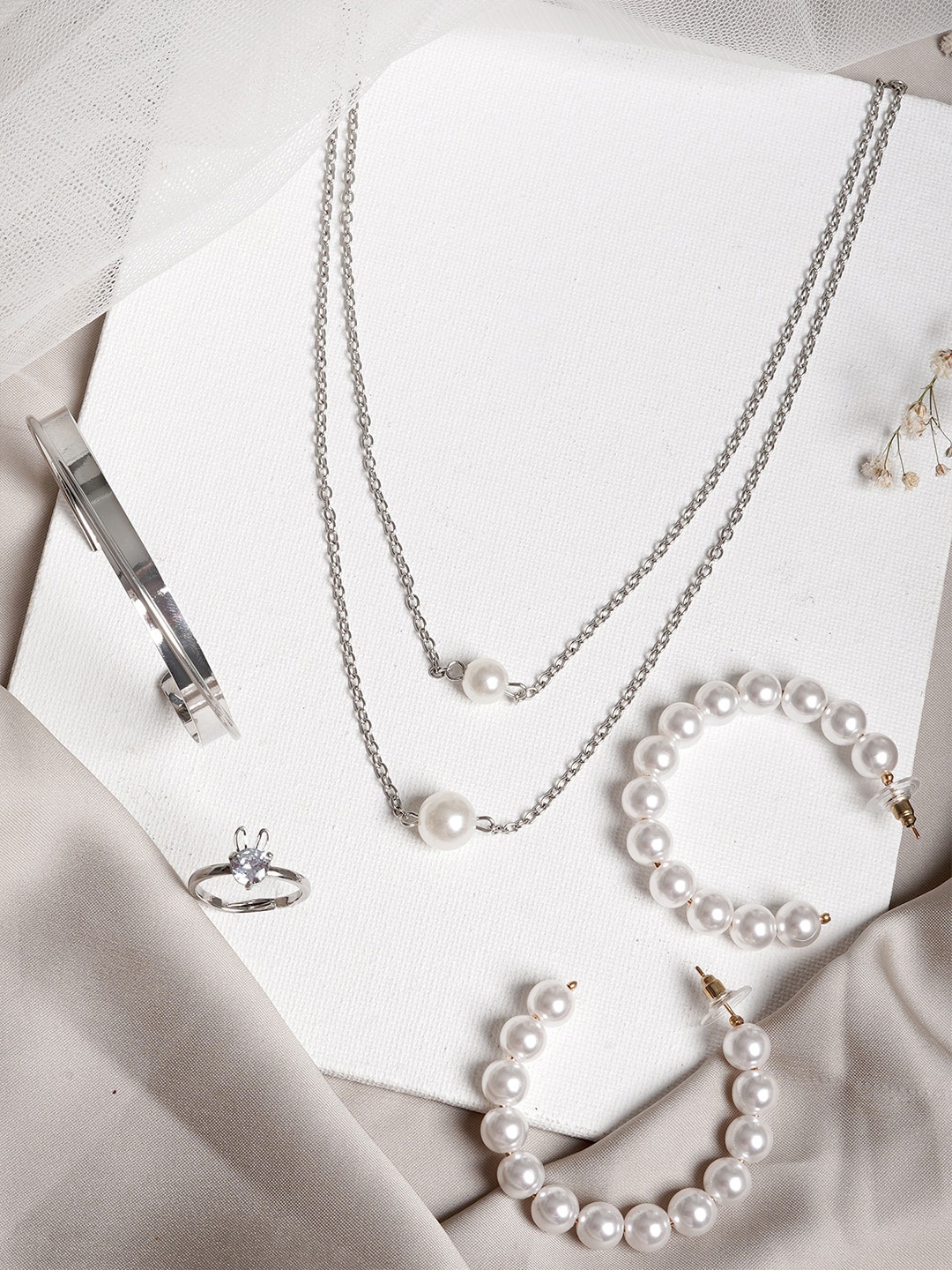 

JOKER & WITCH Silver-Toned & White Pearl & Stone-Studded Ain Jewellery Set