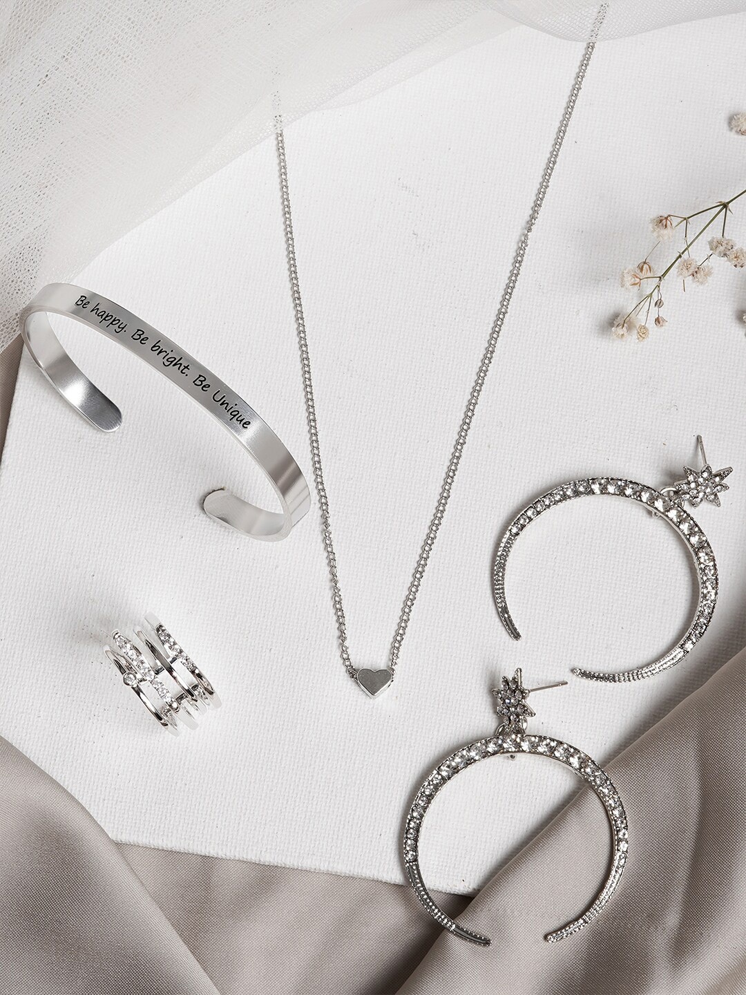 

JOKER & WITCH Silver-Toned & White Stone-Studded Sparkles Jewellery Set