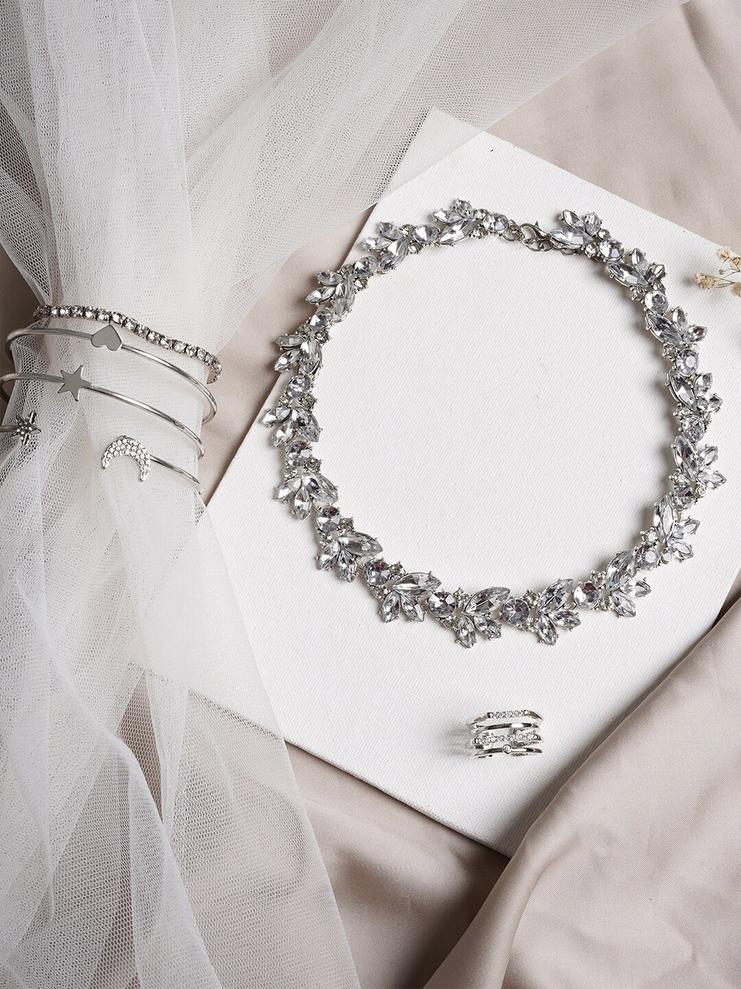 

JOKER & WITCH Silver-Toned & White Rhinestone-Studded Smoke Embers Jewellery Set