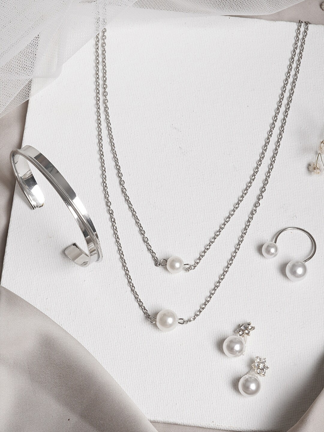 

JOKER & WITCH Silver-Toned & White Stone-Studded & Beaded Margarette Jewellery Set