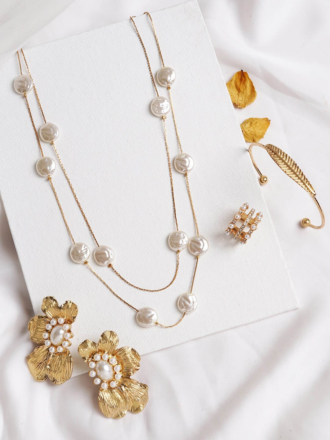 

JOKER & WITCH Gold-Toned & White Stone-Studded & Pearl Beaded Rubina Jewellery Set