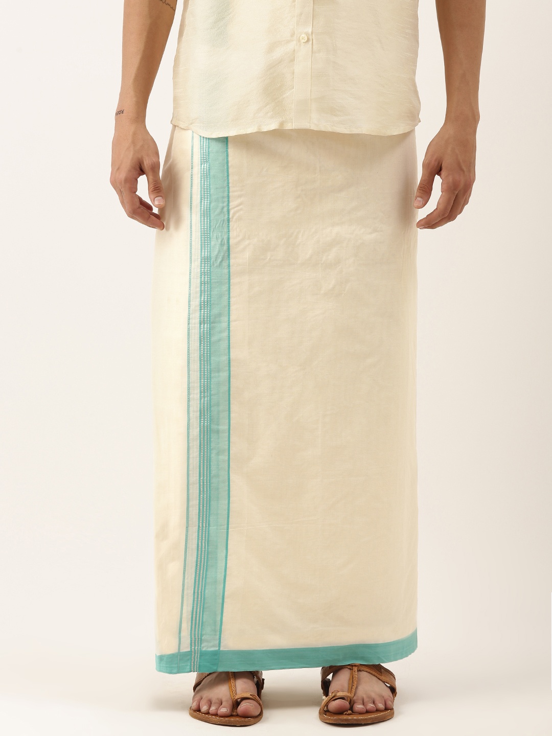 

Thangamagan Men Off White & Blue Cotton Fancy Border Dhoti