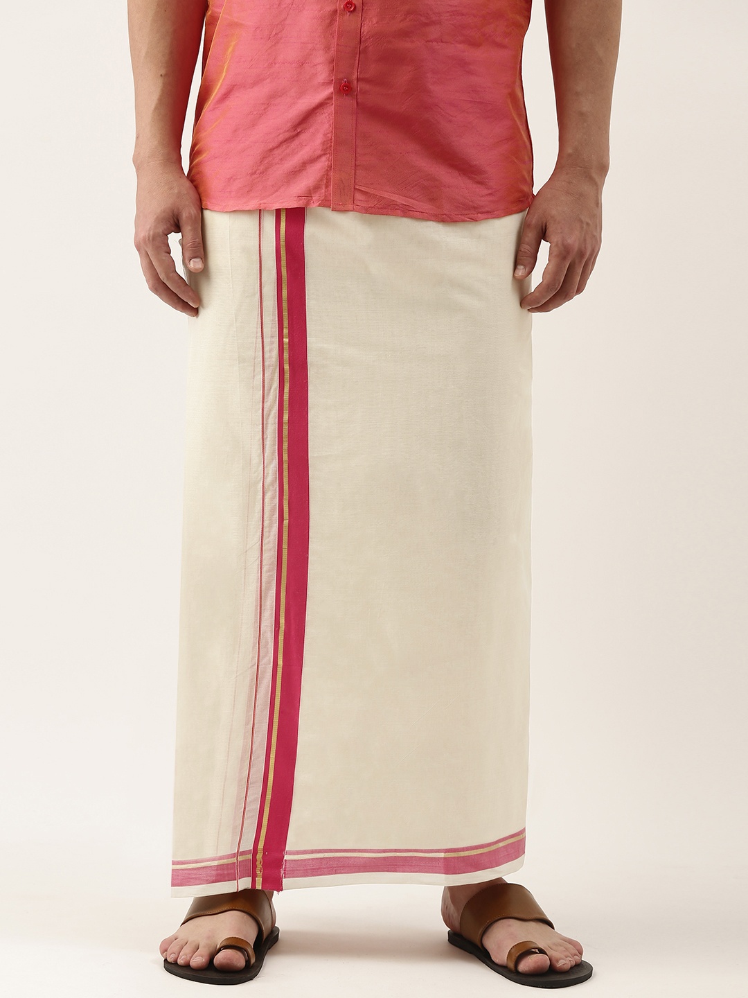 

Thangamagan Men Off-White & Red Solid Cotton Fancy Border Dhoti With Stripe Detail