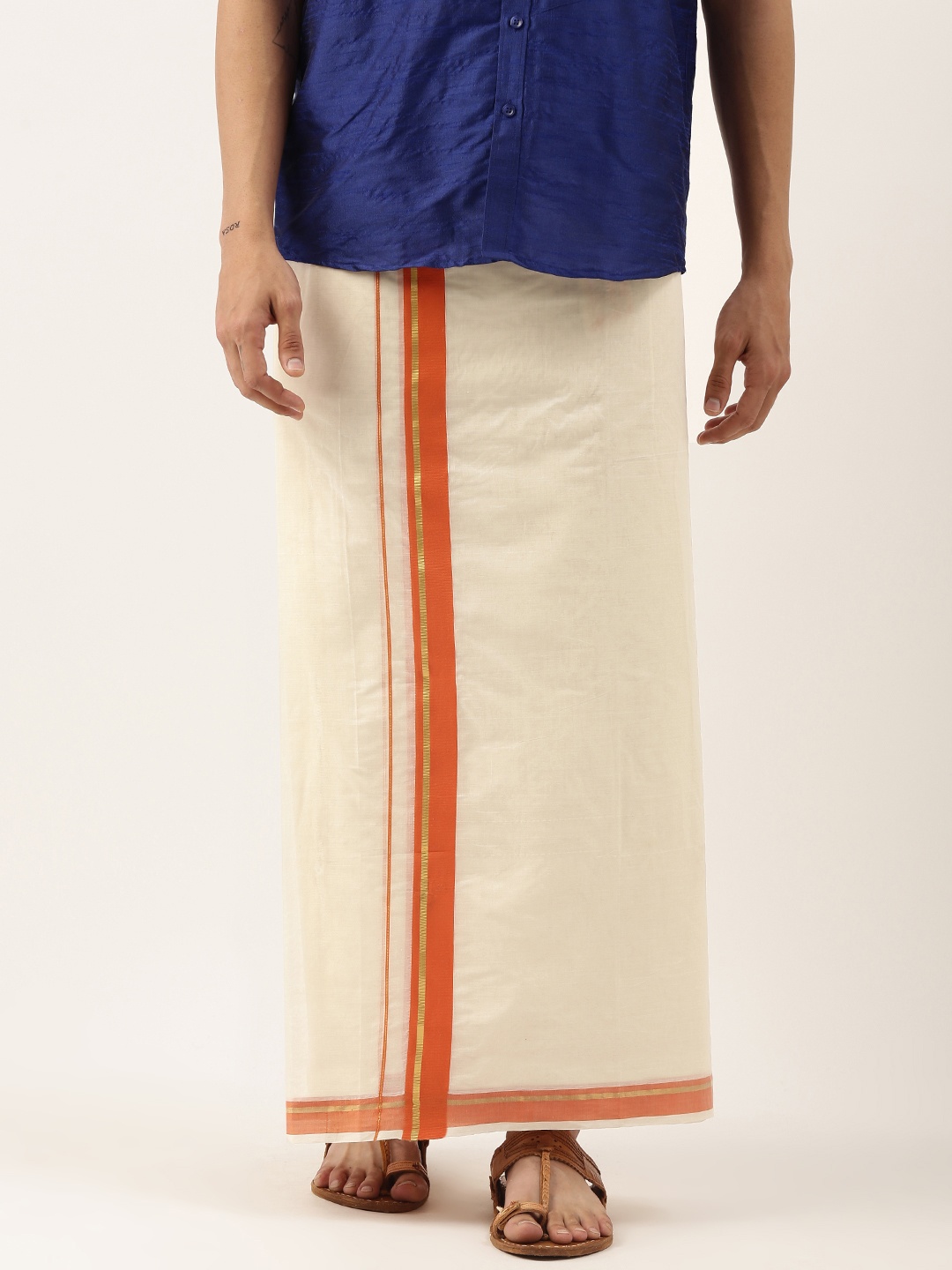 

Thangamagan Men Off-White Cotton Solid Dhoti with Orange Border