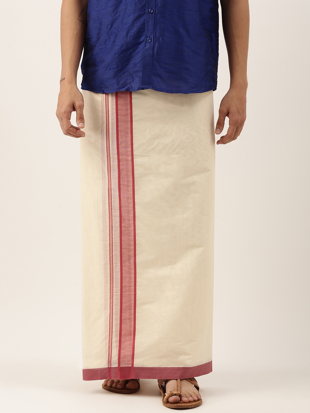

Thangamagan Men Off-White Cotton Dhoti with Pink Border