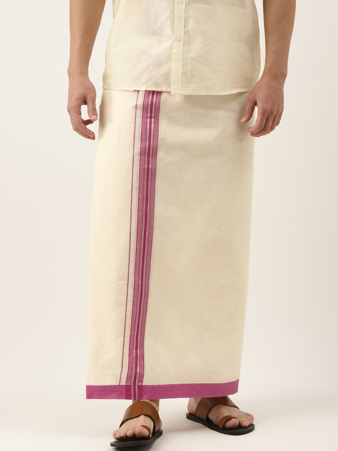 

Thangamagan Men Off-White & Magenta Solid Pure Cotton Dhoti With Fancy Border
