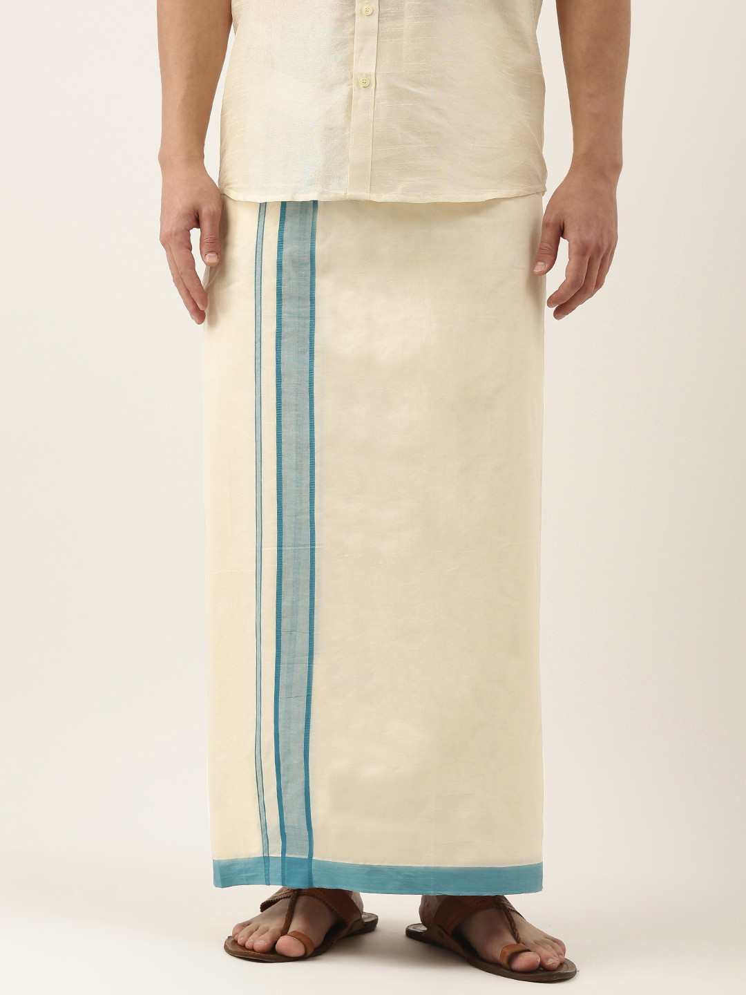 

Thangamagan Off-White & Blue Solid Cotton Fancy Border Dhoti With Stripe Detail