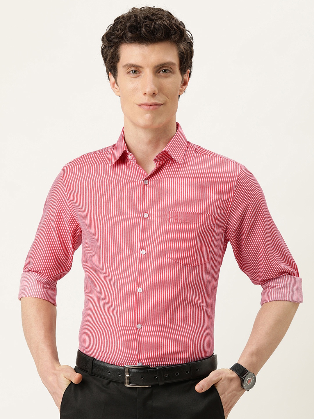 

IVOC Men Red Pinstripes Opaque Striped Formal Shirt