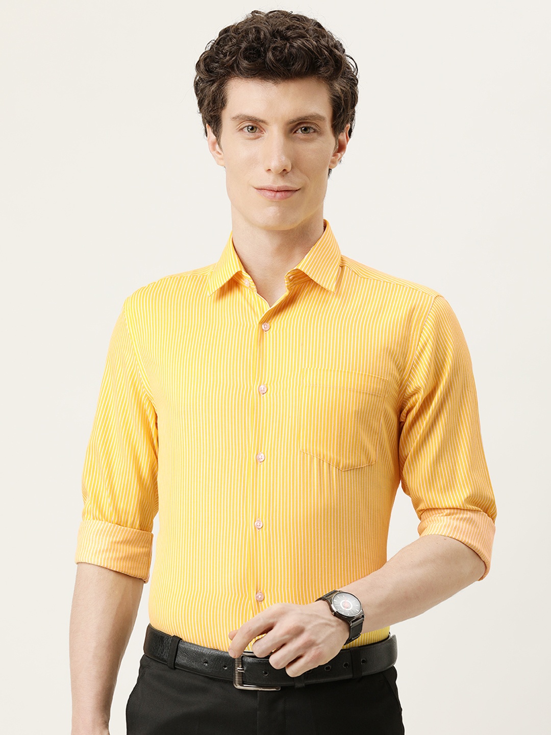

IVOC Men Yellow Pinstripes Opaque Striped Formal Shirt