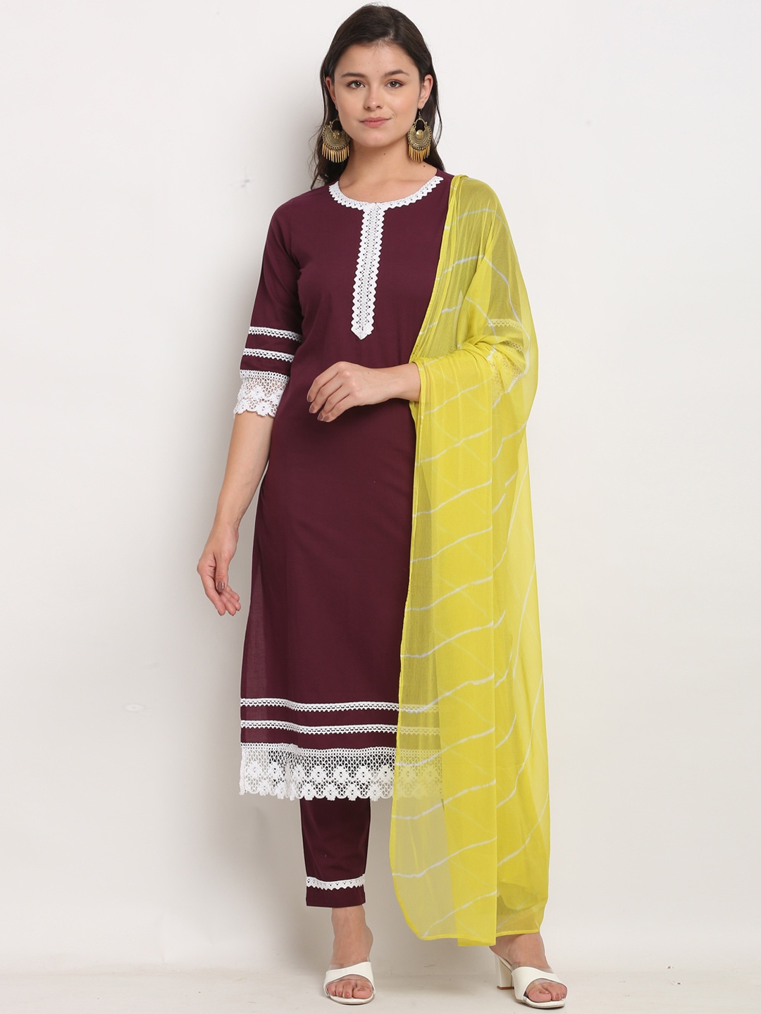 

Rajnandini Women Burgundy Embroidered Regular Pure Cotton Kurta with Trousers & With Dupatta