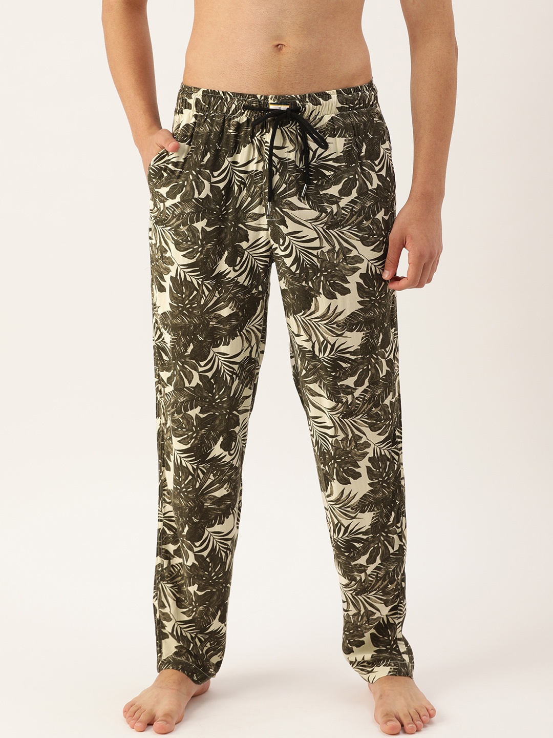 

Bene Kleed Men Olive Green & White Printed Lounge Pants With N9 Anti Bacterial Finish