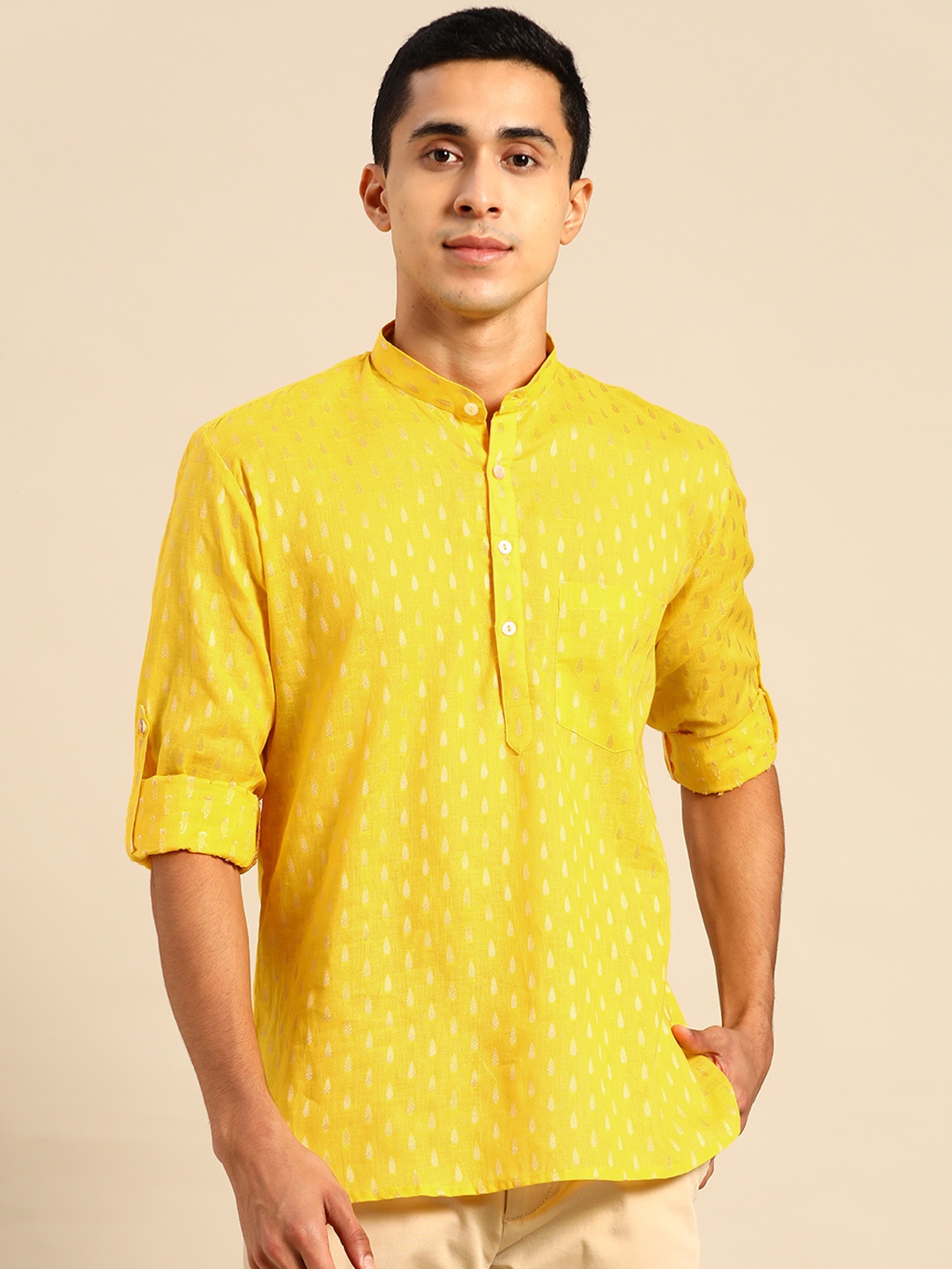 

RAJUBHAI HARGOVINDAS Men Yellow Ethnic Motifs Dobby Kurta