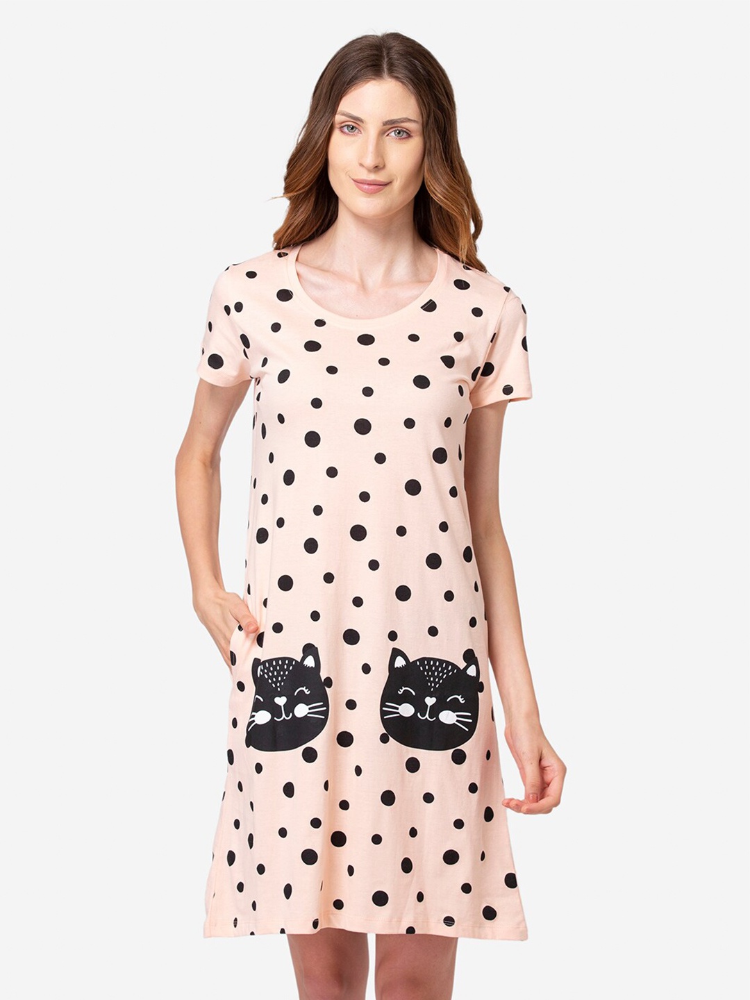 

Lounge Dreams Peach & Black Coloured Printed Pure Cotton Nightdress