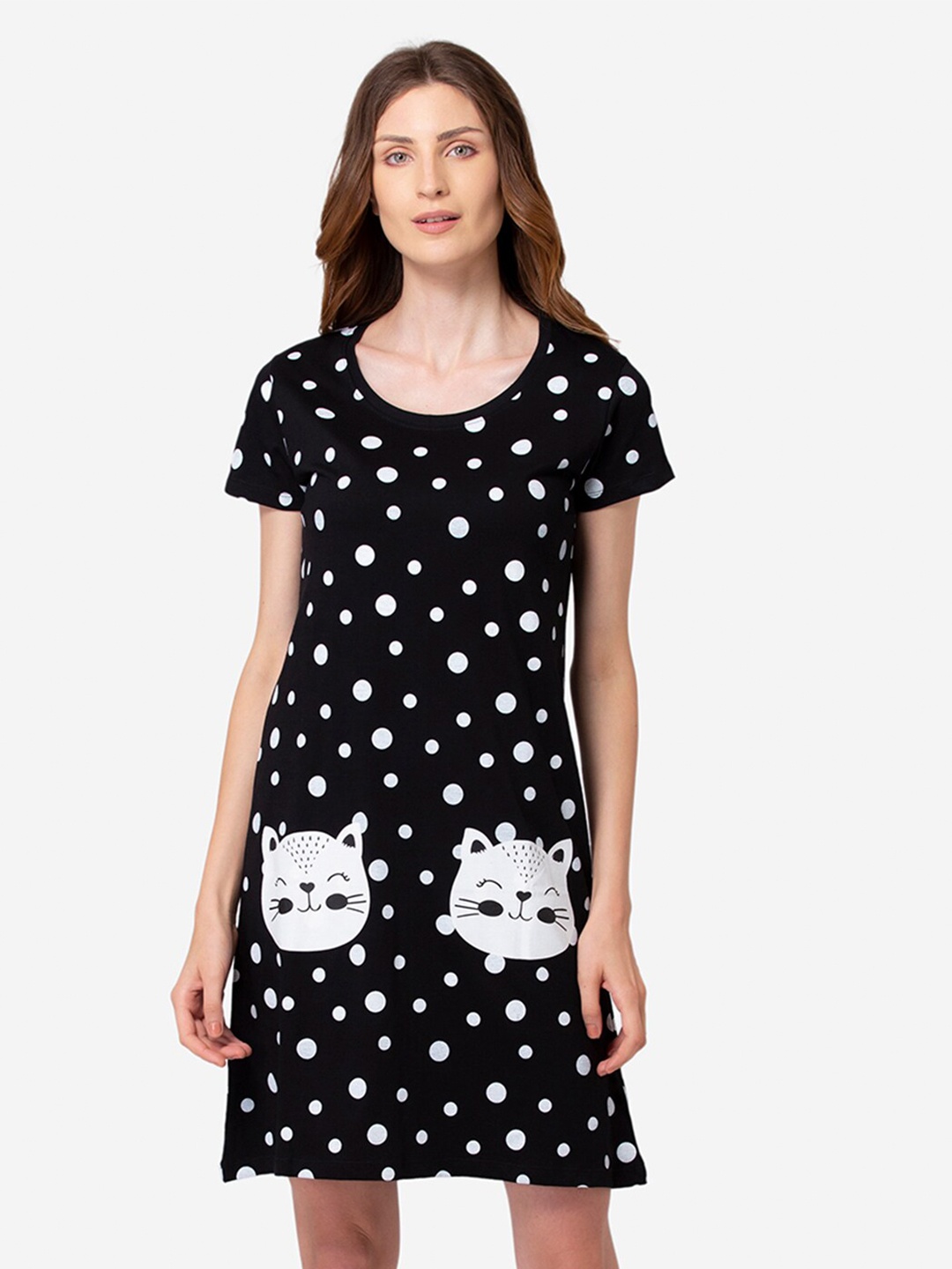 

Lounge Dreams Women Black & White Polka Dots Pure Cotton T-Shirt Nightdress