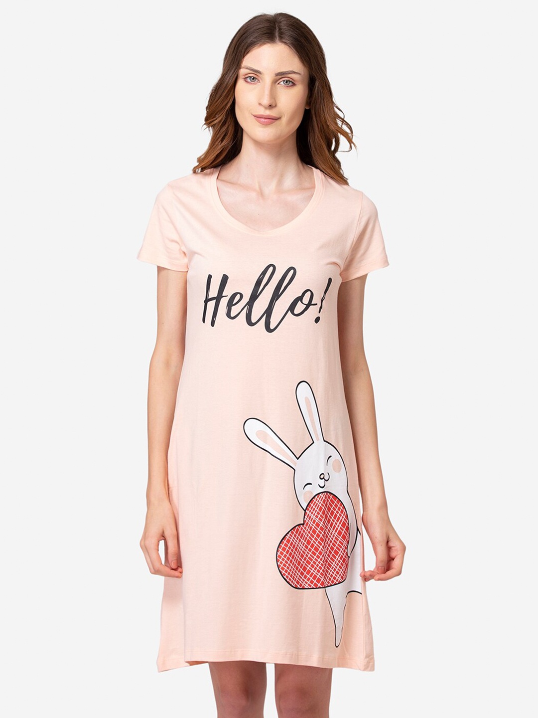 

Lounge Dreams Women Pink Printed Cotton Nightdress, Peach