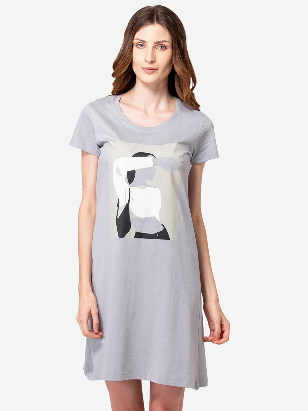 

Lounge Dreams Women Grey Printed Cotton Nightdress