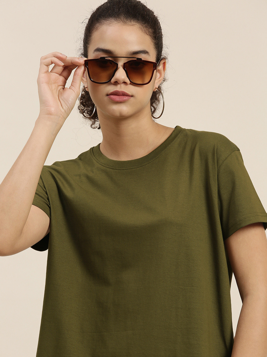 

DILLINGER Women Olive Green Pure Cotton Boxy Pure Cotton T-shirt