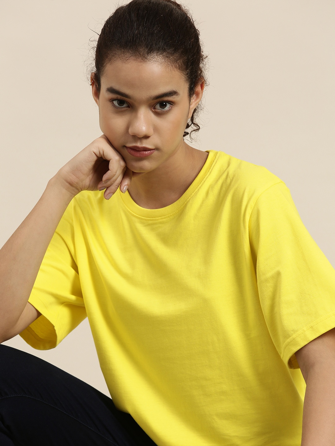 

DILLINGER Women Yellow Pure Cotton Oversized T-shirt
