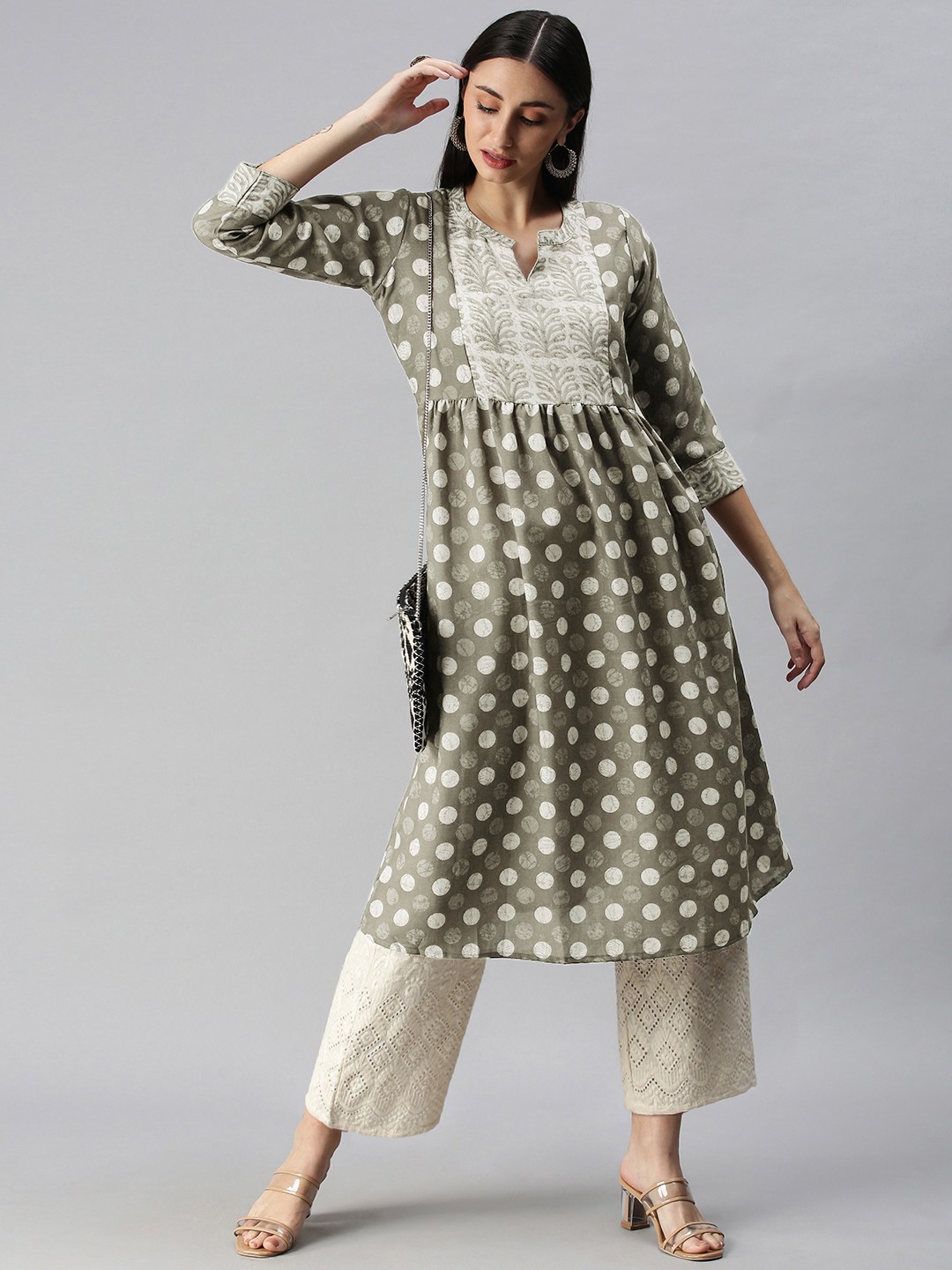 

SheWill Women Grey Yoke Design Polka Dot Print Kurta