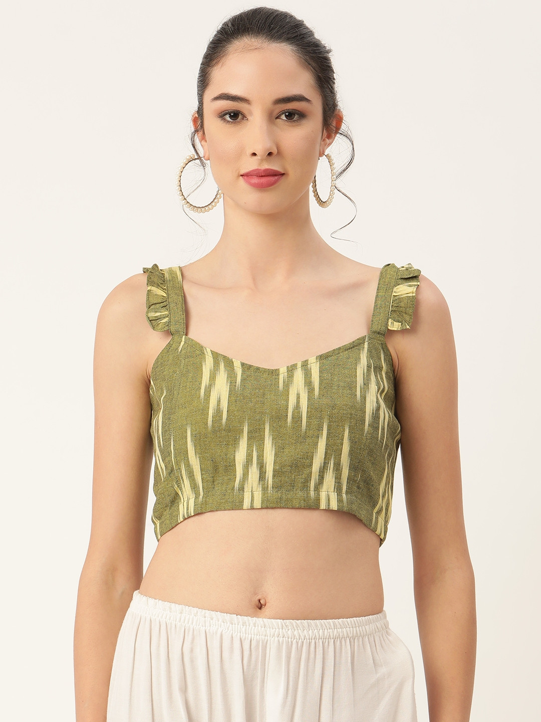 

Molcha Olive Green Ikat Non Padded Back Open Sleeveless Blouse With Frill Strap