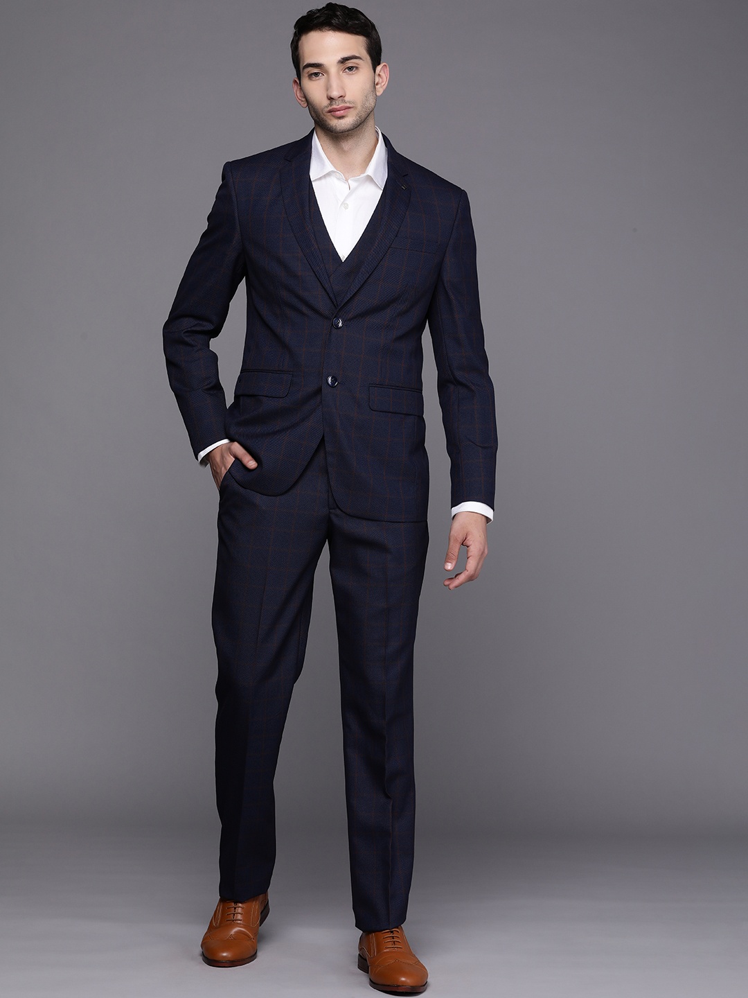 

Louis Philippe Men Navy Blue & Maroon Slim Fit Checked Single-Breasted Formal Suit