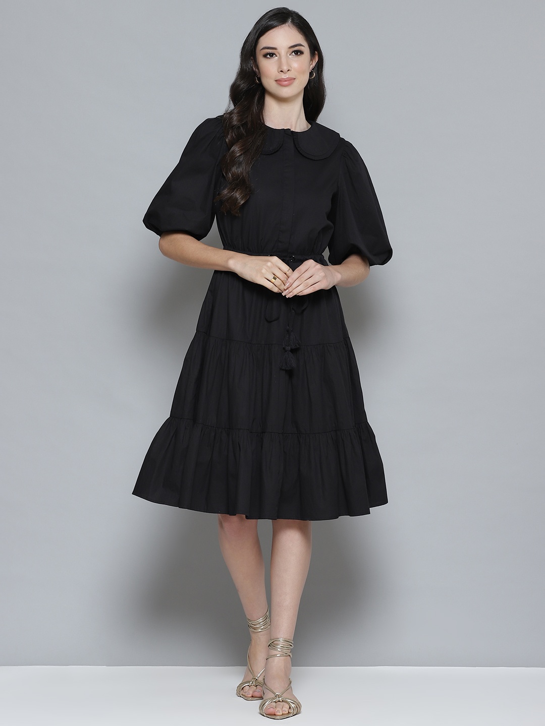 

Femella Black Peter Pan Collar Tiered Solid Midi Dress