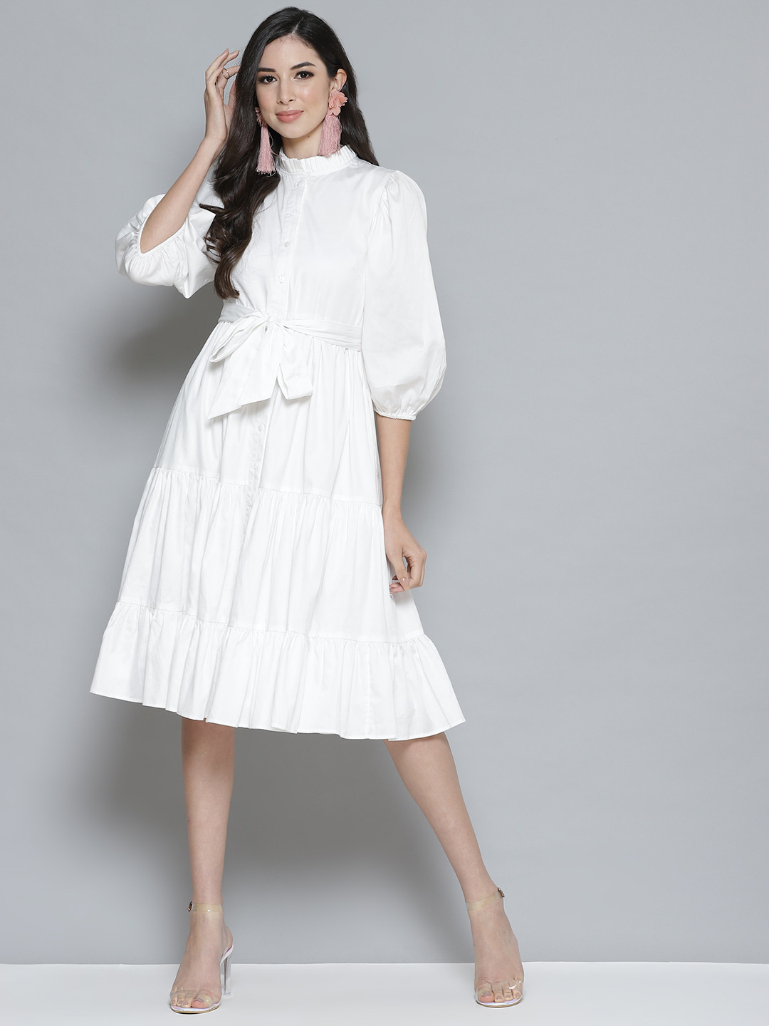 

Femella Off White Solid Pure Cotton Tiered A-Line Midi Dress with Belt