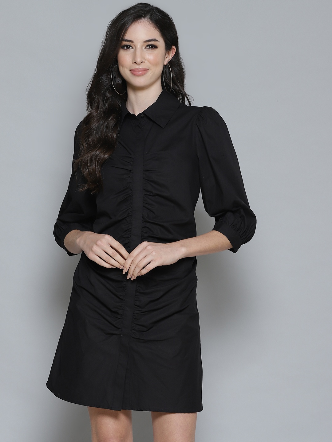 

Femella Women Black Solid Ruched Pure Cotton Mini Shirt Dress
