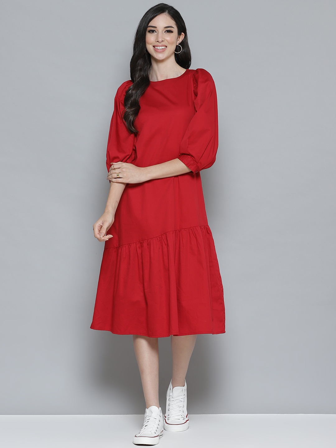 

Femella Red A-Line Tiered Midi Dress