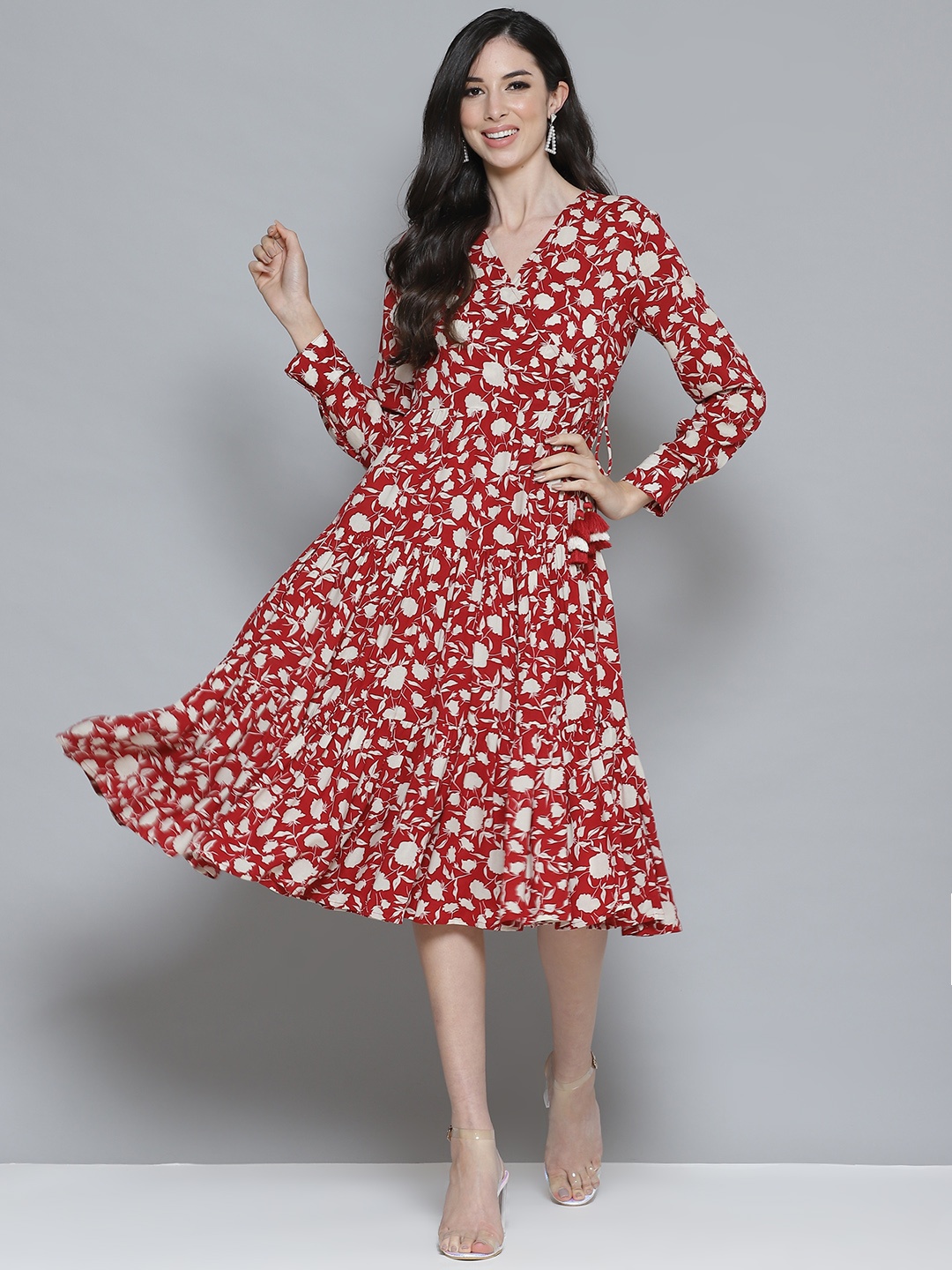

Femella Red & Off White Floral Wrap Midi Dress