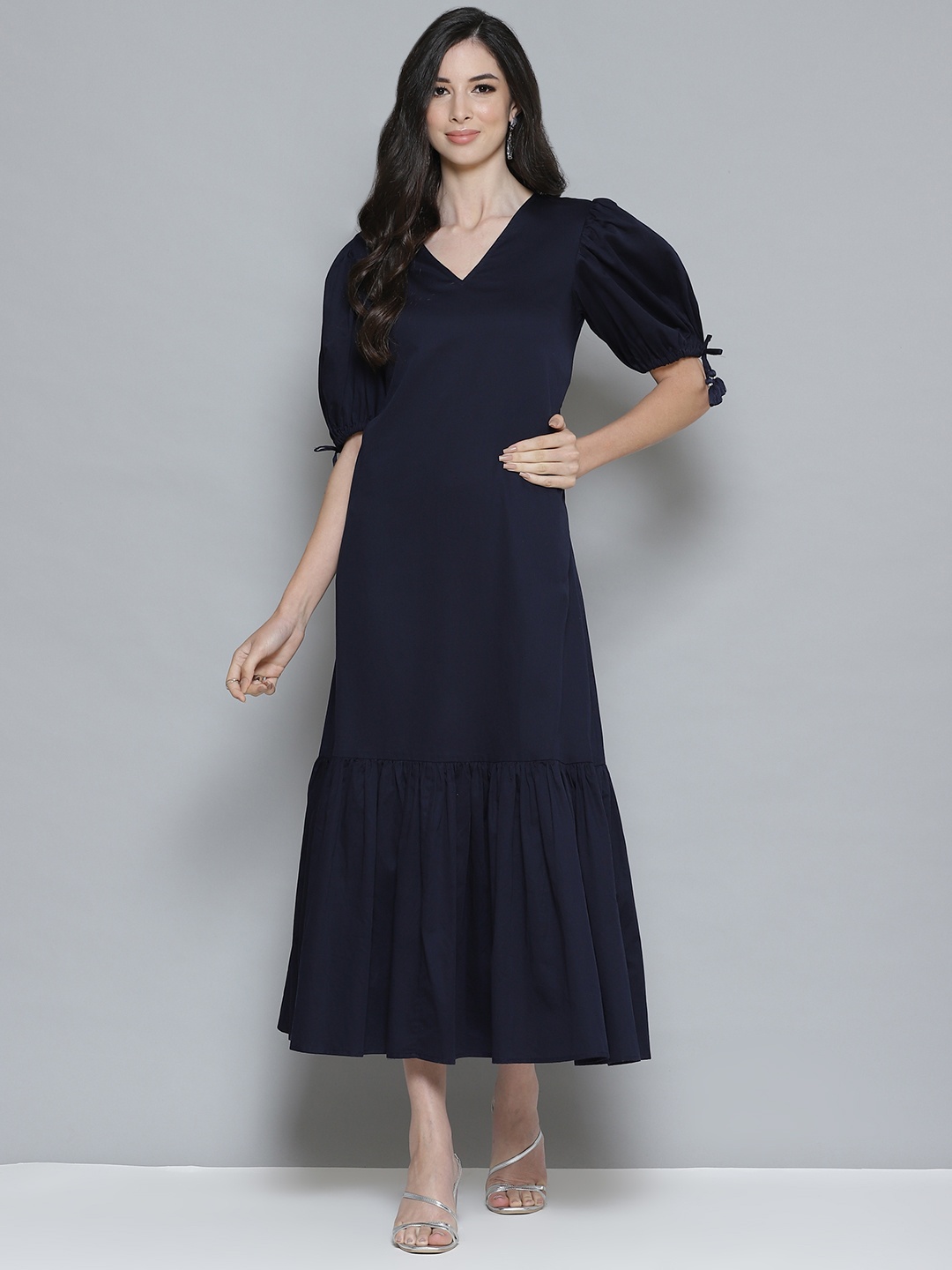 

Femella Navy Blue Pure Cotton Solid Maxi Dress with Pockets