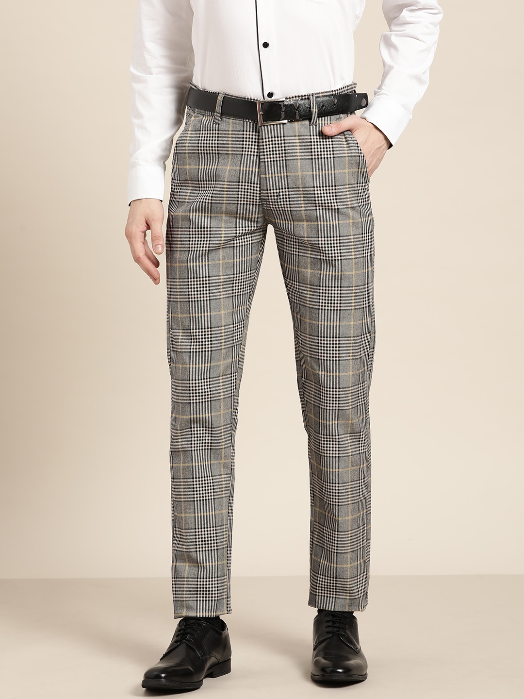 

Hancock Men Grey Checked Slim Fit Cotton Formal Trousers