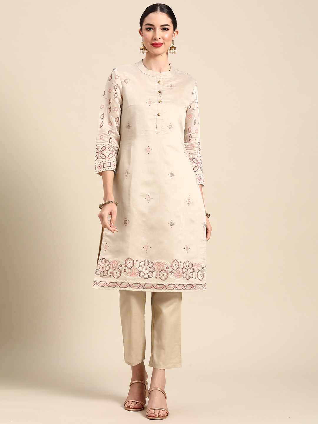 

Anouk Women Beige Ethnic Motifs Printed Regular Chanderi Silk Kurta with Trousers