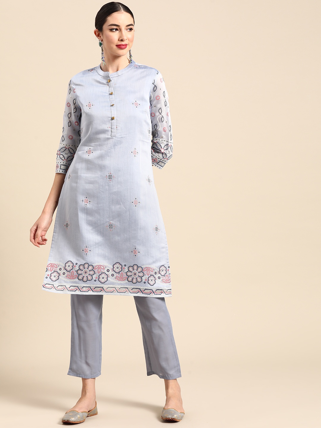 

Anouk Women Blue Printed Regular Chanderi Silk Kurti with Trousers