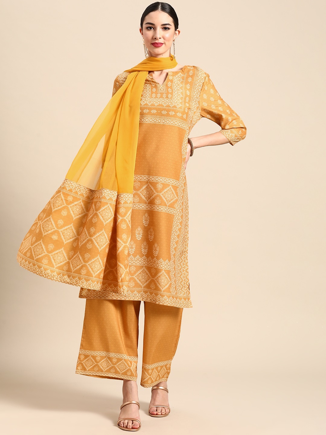 

Anouk Women Yellow Printed Regular Kurti with Palazzos & With Dupatta