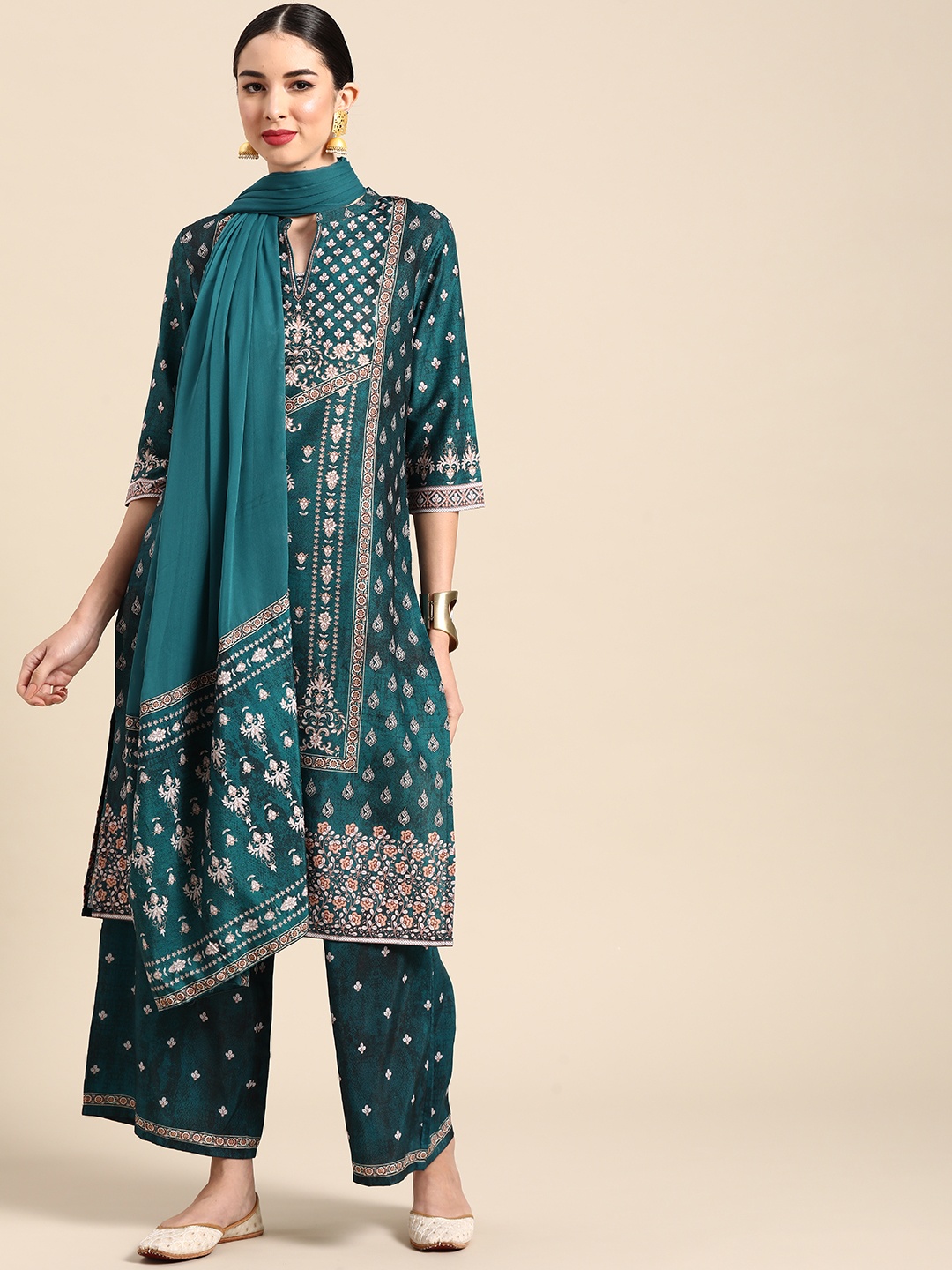 

Anouk Women Teal Blue Floral Printed Regular Kurta with Palazzos & With Dupatta