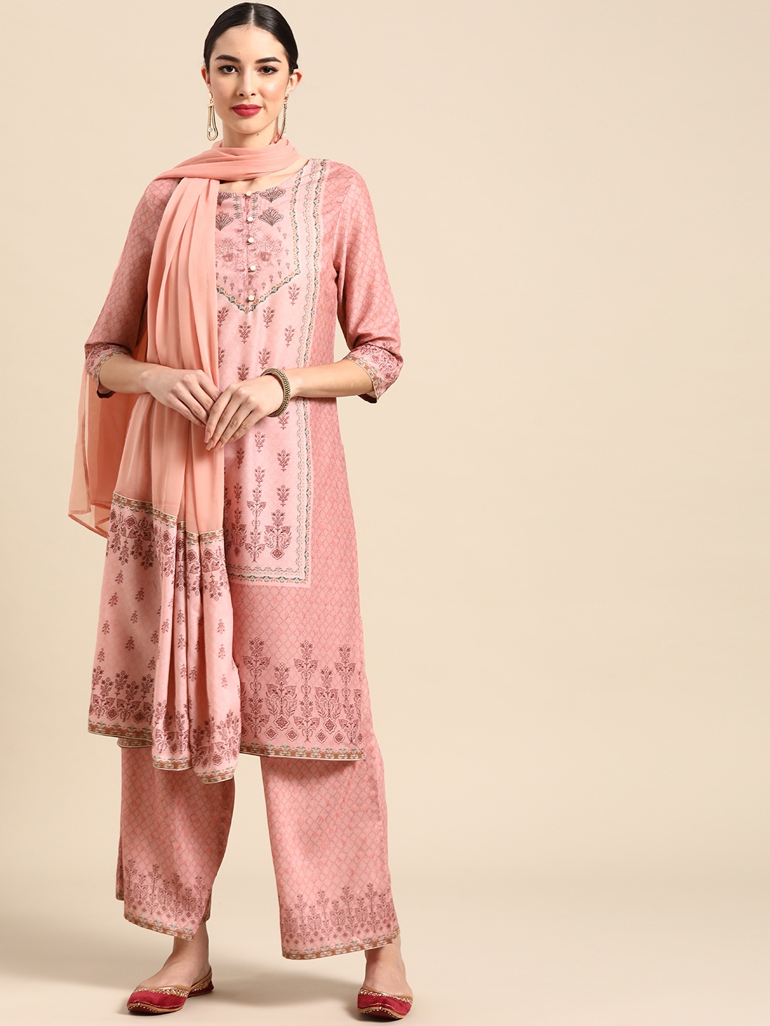 

Anouk Women Pink Printed Regular Kurta with Palazzos & With Dupatta