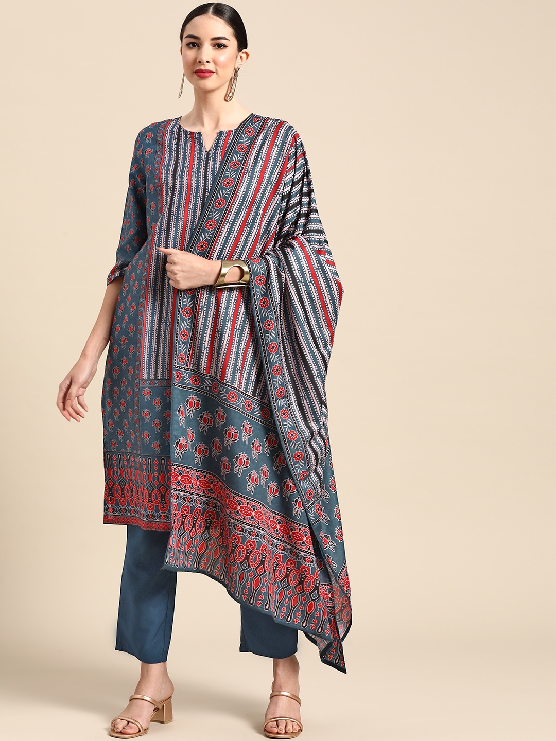 

Anouk Women Navy Blue Printed Regular Kurta with Palazzos & With Dupatta