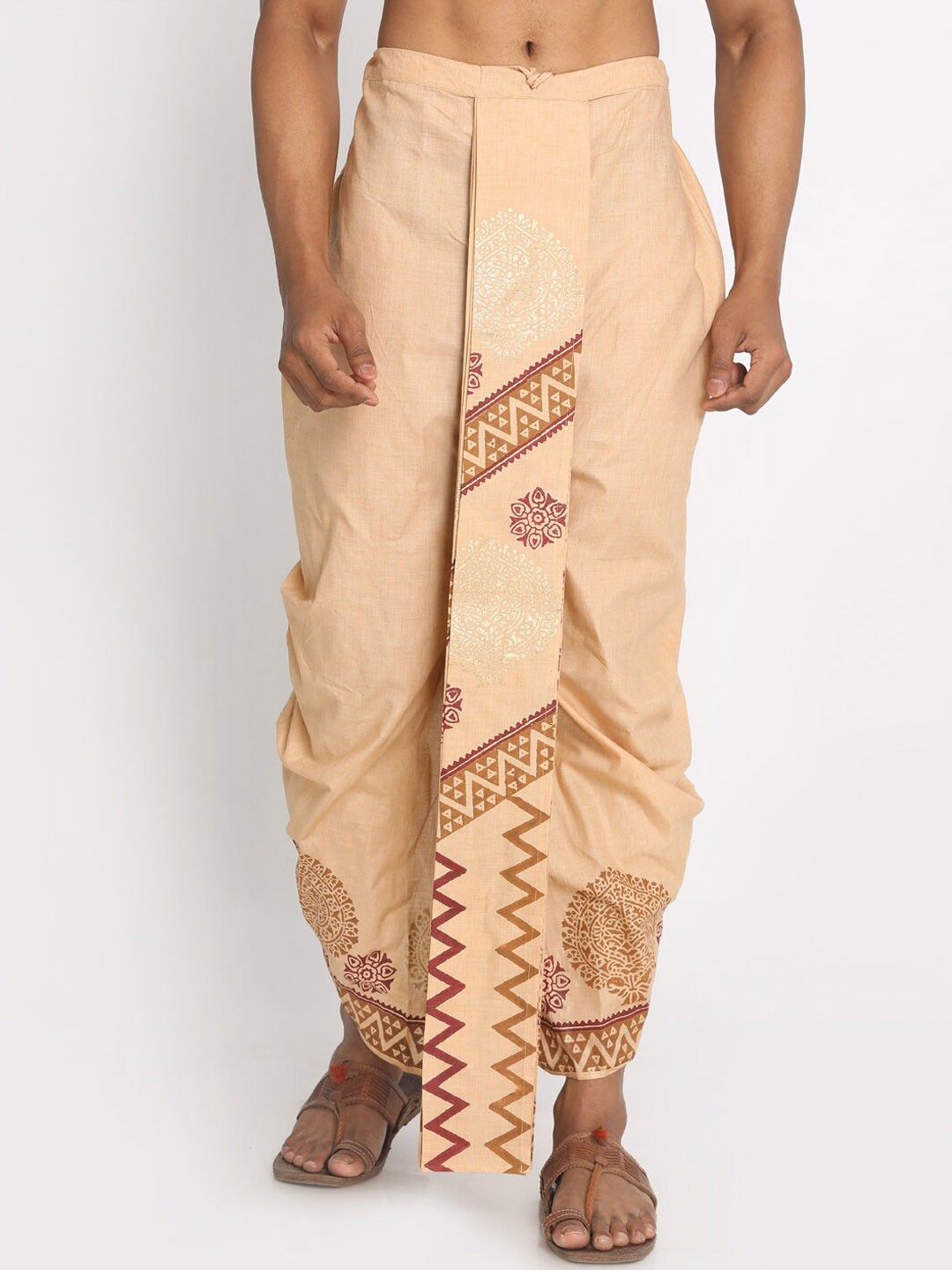 

Nakshi Men Brown & Beige Hand Block Printed Pure Cotton Stitched Dhoti