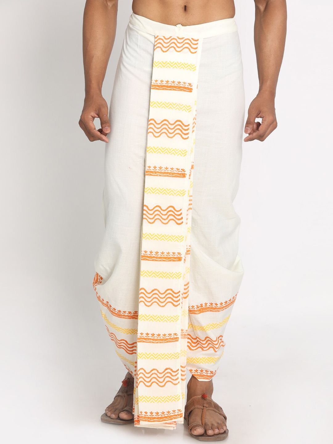 

Nakshi Men Cream Cotton Blend Handblock Ethnic Printed Dhoti