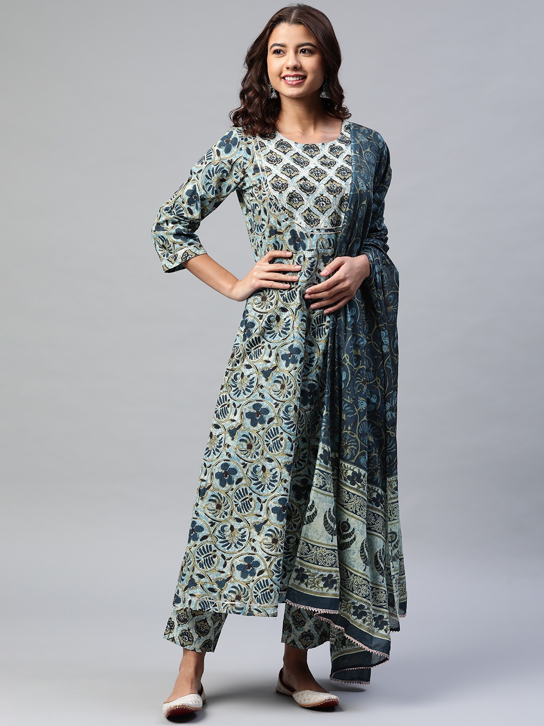 

Yuris Women Blue & Olive Green Ethnic Motifs Print Cotton Kurta with Trousers & Dupatta