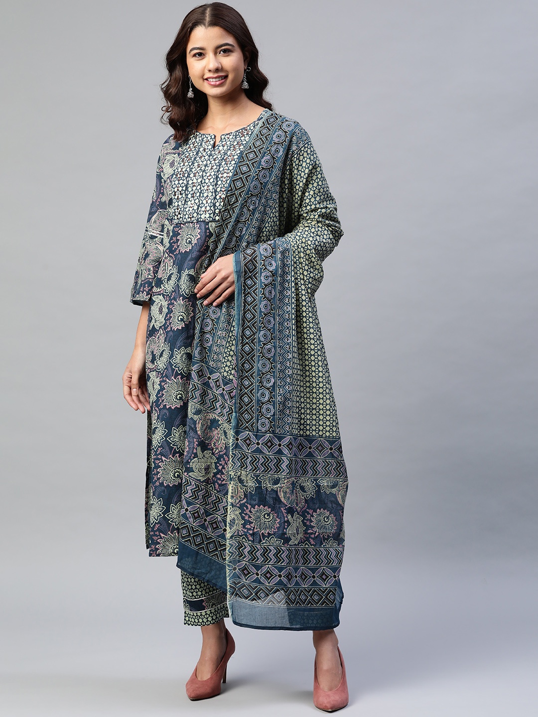 

Yuris Women Navy Blue Ethnic Print Mirror Work Cotton Kurta with Trousers & Dupatta
